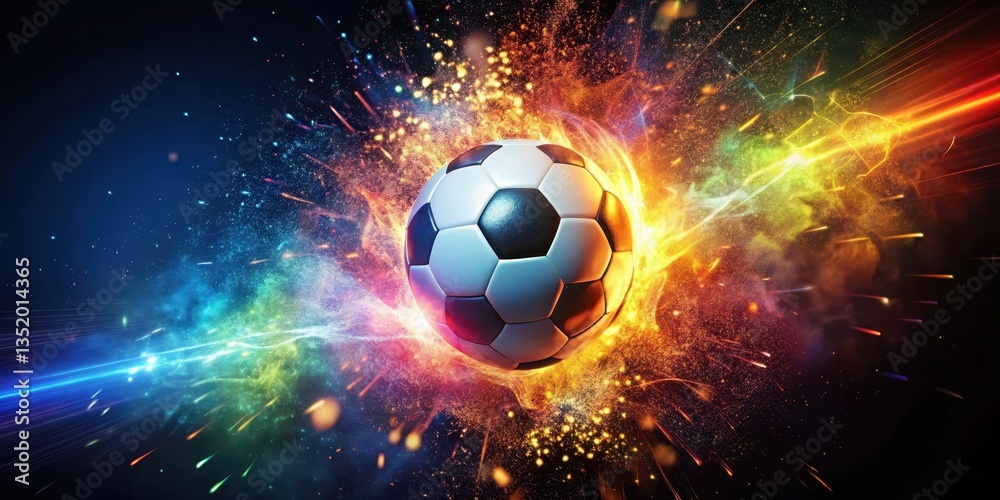 Fototapeta premium Brightly colored soccer ball erupts in a vibrant explosion of sparks , dynamism, movement, dynamism, movement