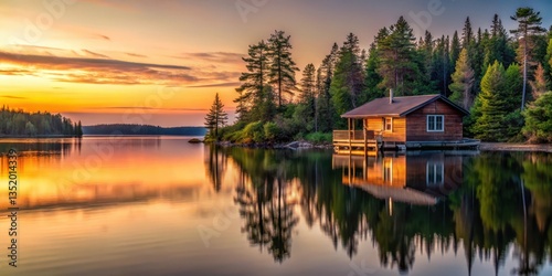 Cabin on a lake in Algonquin Provincial Park at sunset with a serene and peaceful atmosphere, algonquin, cabin,  algonquin