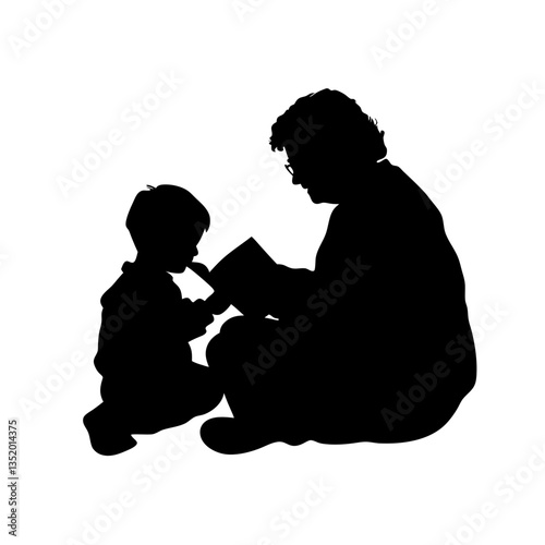 Silhouette of Elderly Reading Book to Child for Educational Storytelling