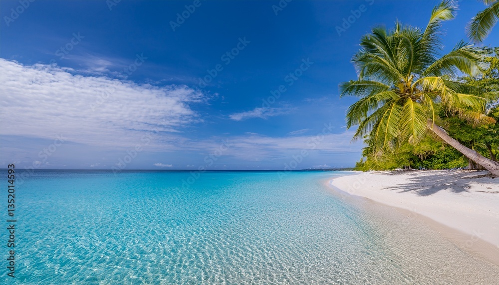Fototapeta premium Luxury tropical landscape, white sandy beach with palm trees and clear blue sea. Wonderful vacation spot. Many beautiful boats. Beautiful exotic summer beach background for design.