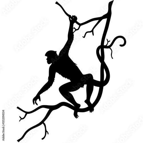 Silhouette of Monkey Swinging on Jungle Branch Vector Illustration