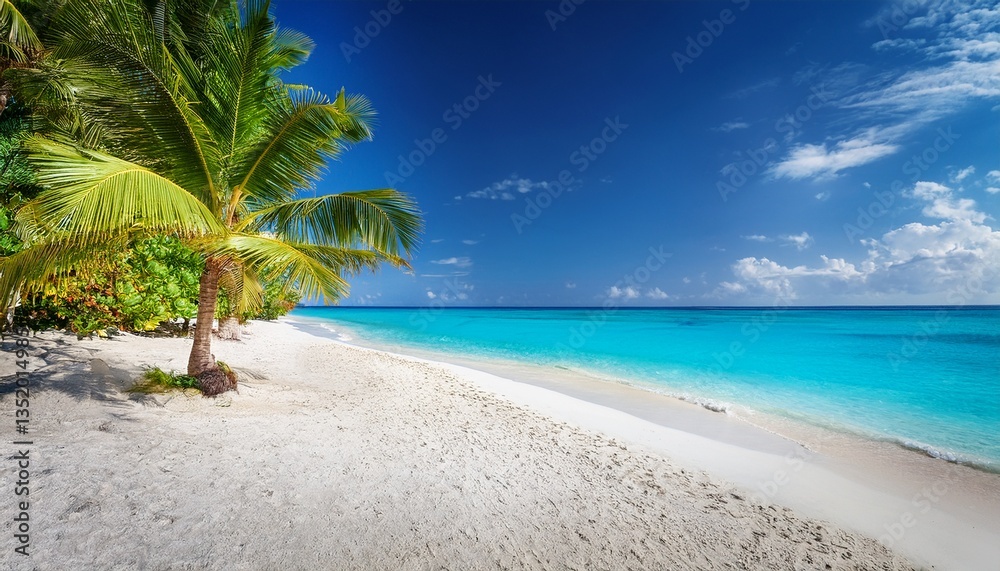 Obraz premium Luxury tropical landscape, white sandy beach with palm trees and clear blue sea. Wonderful vacation spot. Many beautiful boats. Beautiful exotic summer beach background for design.