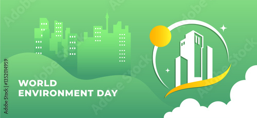 A futuristic city illustration celebrating World Environment Day with a green urban skyline, modern buildings, and eco-friendly themes, promoting sustainability and environmental awareness