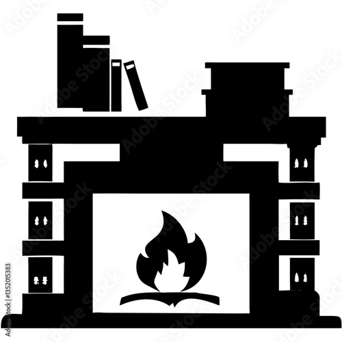 Fireplace Shelf with Books and Fire Symbol Vector Artwork
