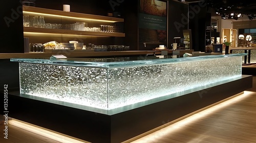 Modern illuminated glass bar counter in a showroom.
