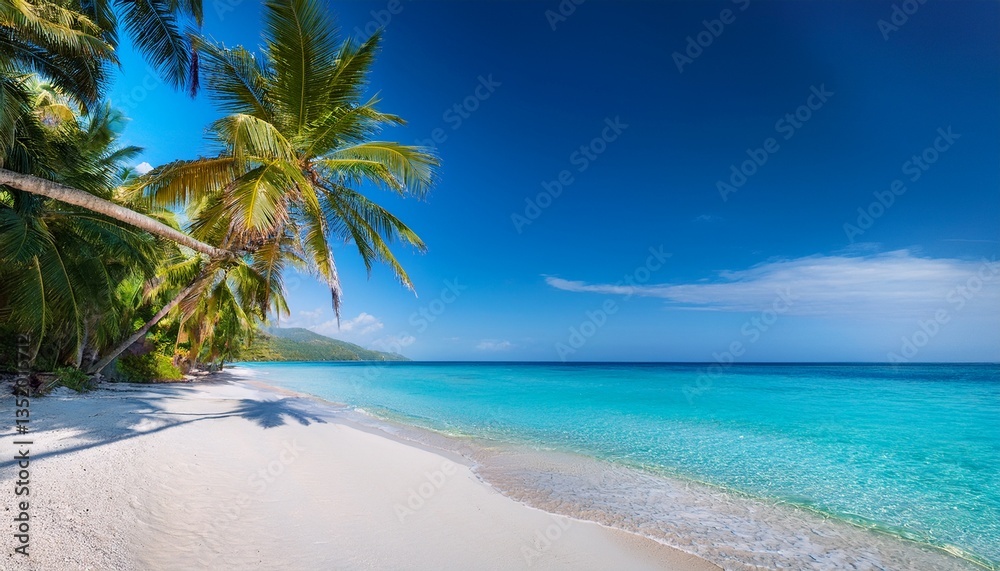 Fototapeta premium Luxury tropical landscape, white sandy beach with palm trees and clear blue sea. Wonderful vacation spot. Many beautiful boats. Beautiful exotic summer beach background for design.