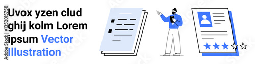 Man reviewing documents and profile with star rating. Ideal for recruitment, career development, resumes, talent management, business assessment, HR, simple landing page
