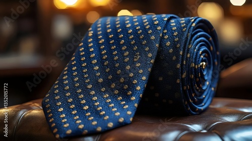 A blue tie with gold dots is laying on a brown leather chair