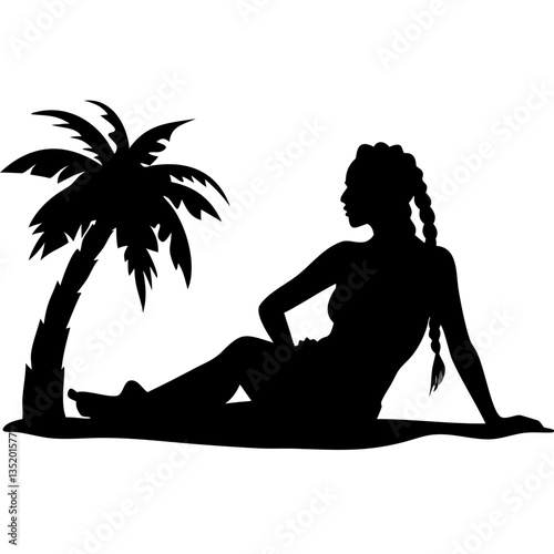 Tropical Beach Woman Silhouette Relaxing Under Palm Tree Vector Art