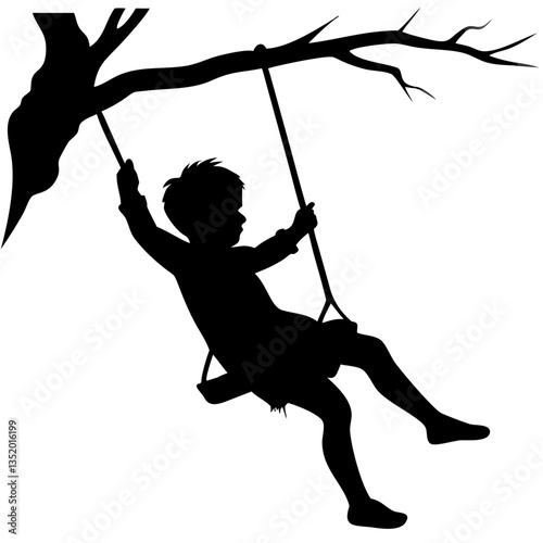 Silhouette of Child Swinging on Tree Branch for Art and Design Projects