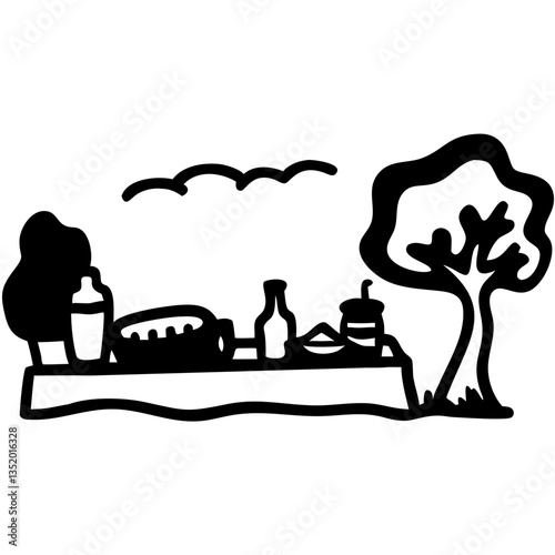 Vector Illustration Simple Outdoor Picnic Scene with Trees and Food Items