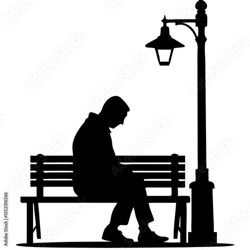 Silhouette of Lonely Man Sitting on Park Bench with Streetlamp at Night for Minimalist Designs