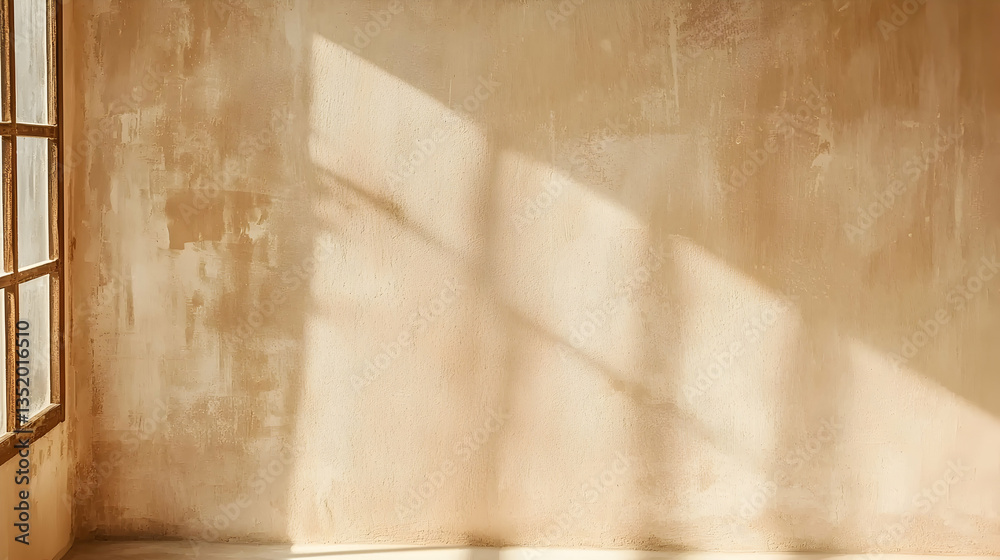 Sunlight streams through window onto textured wall, empty room, interior design background Sunlight streams through window onto textured wall, empty room, interior design background