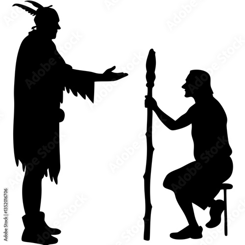 Silhouette Depiction of Historic Native American Encounter Scene Vector