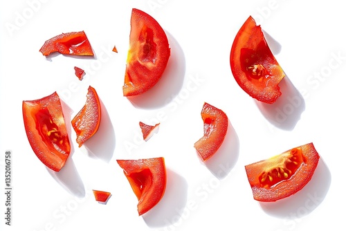Sliced tomato pieces scattered on white background