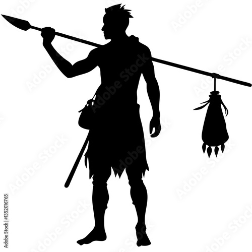 Silhouette Warrior with Spear Primitive Hunter Vector for Art and Design
