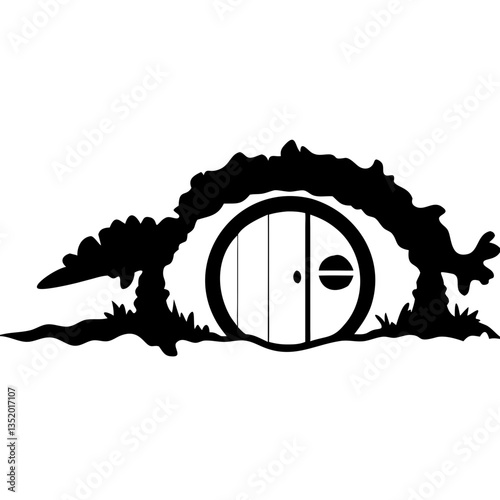 Enchanting Hobbit House Doorway Silhouette Fantasy Vector Art for Creative Design