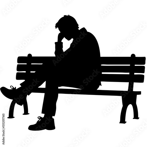 Silhouette of Pensive Man Sitting on Park Bench Contemplating in Vector Illustration