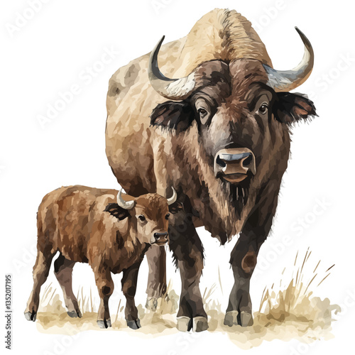 A watercolor vector painting of a mother buffalo with her kid, isolated on a white background.

