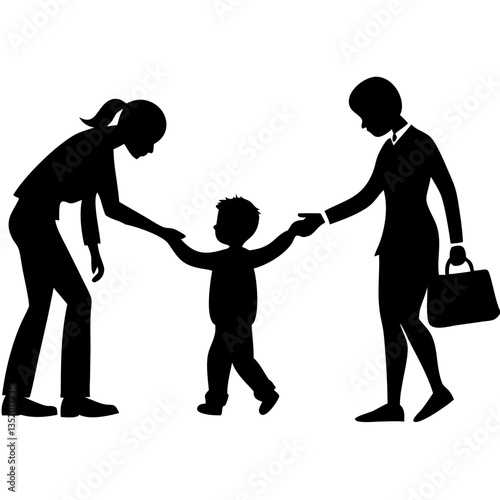 Silhouette of Child Between Two Adults Parental Custody Theme Vector Graphic