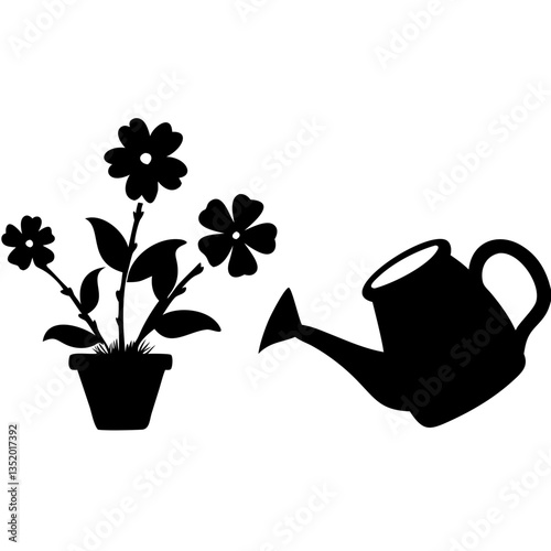 Silhouette Vector of Potted Flower with Watering Can for Gardening and Decoration