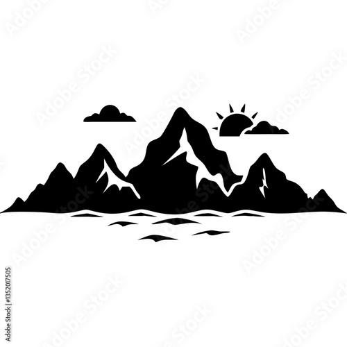 Vector Mountain Range with Rising Sun and Clouds Silhouette Design for Art and Tattoos