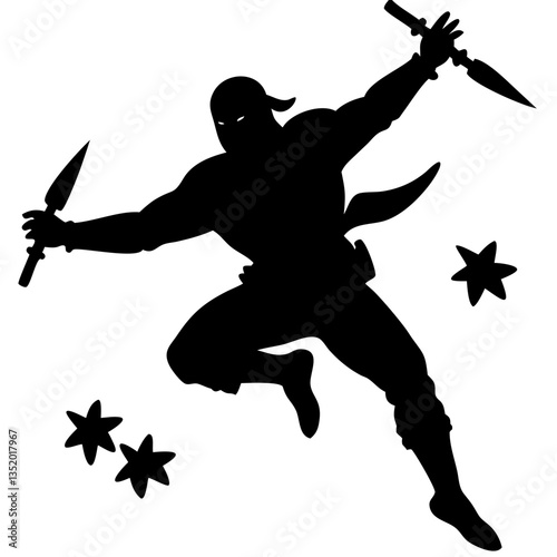Ninja Silhouette Jumping with Daggers and Shurikens Vector for Art and Design