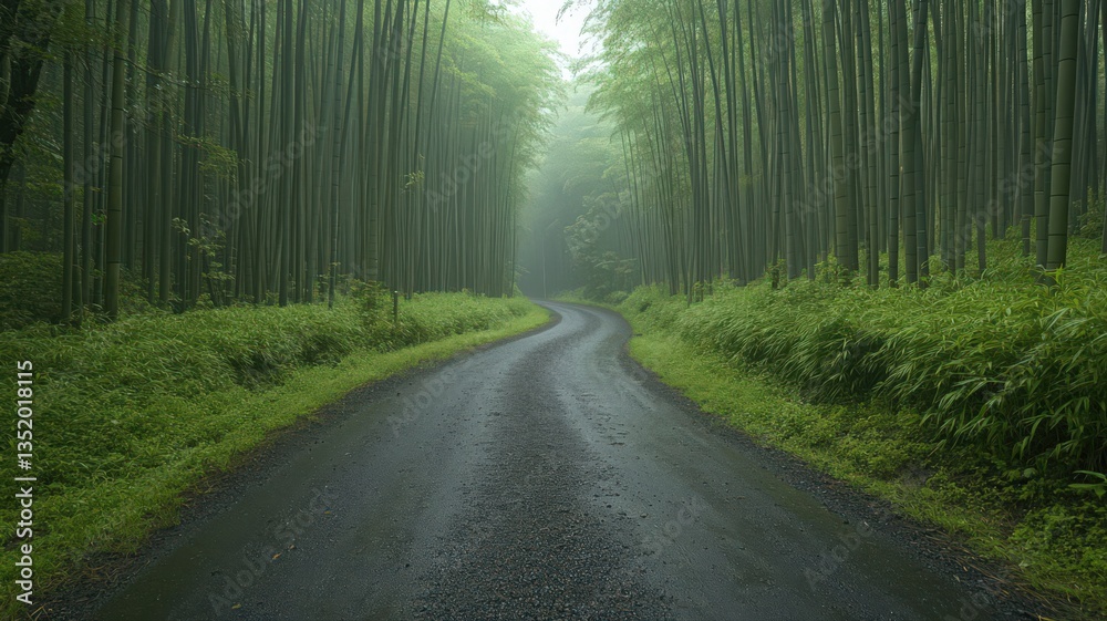 Fototapeta premium Rainy Forest Road With Fireflies