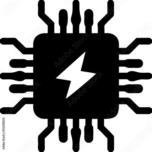 Vector Illustration Black Microchip with Lightning Bolt Symbol for Technology and Electronics Design