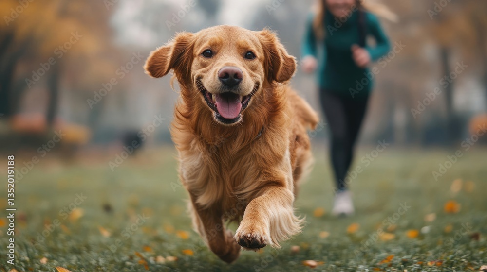 A happy relaxing golden retriever dog exercise with the owner by jogging in the morning sunrise. A happy relaxing golden retriever dog exercise with the owner by jogging in the morning sunrise.