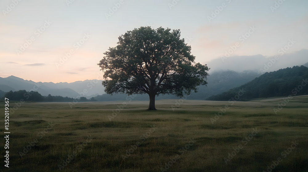 Obraz premium Solitary tree in a vast meadow at dawn (1)