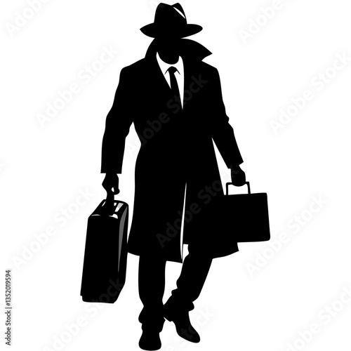 Silhouette Detective in Trench Coat with Briefcase Vector Illustration