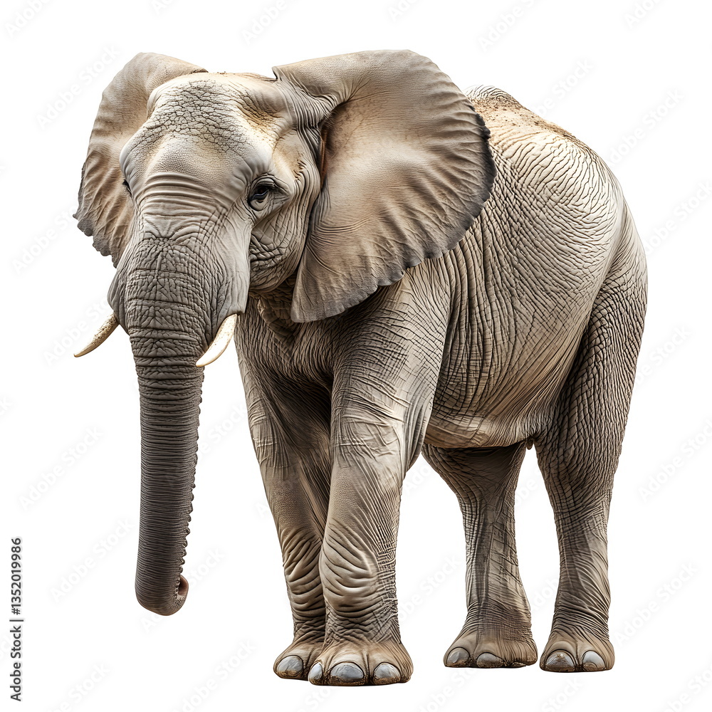 Obraz premium A massive, well-built elephant with a thick grey wrinkled hide and long trunk stands in a realistic side-view portrait, full body on a white background, with large floppy ears, dark eyes, and a calm,