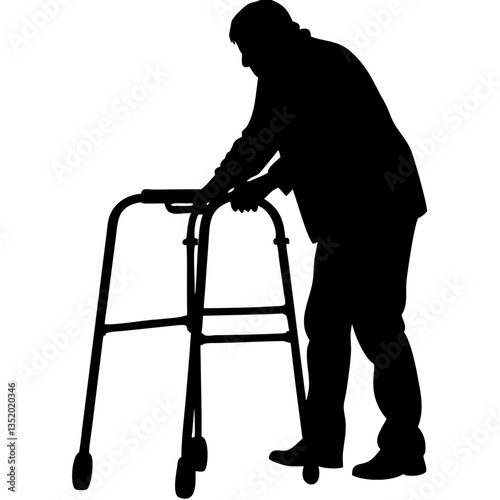 Senior Man Silhouette Using Walker Mobility Aid Elderly Support Vector Illustration