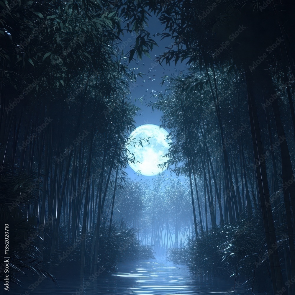 Moonlight illuminates a bamboo forest and tranquil water beneath the moon