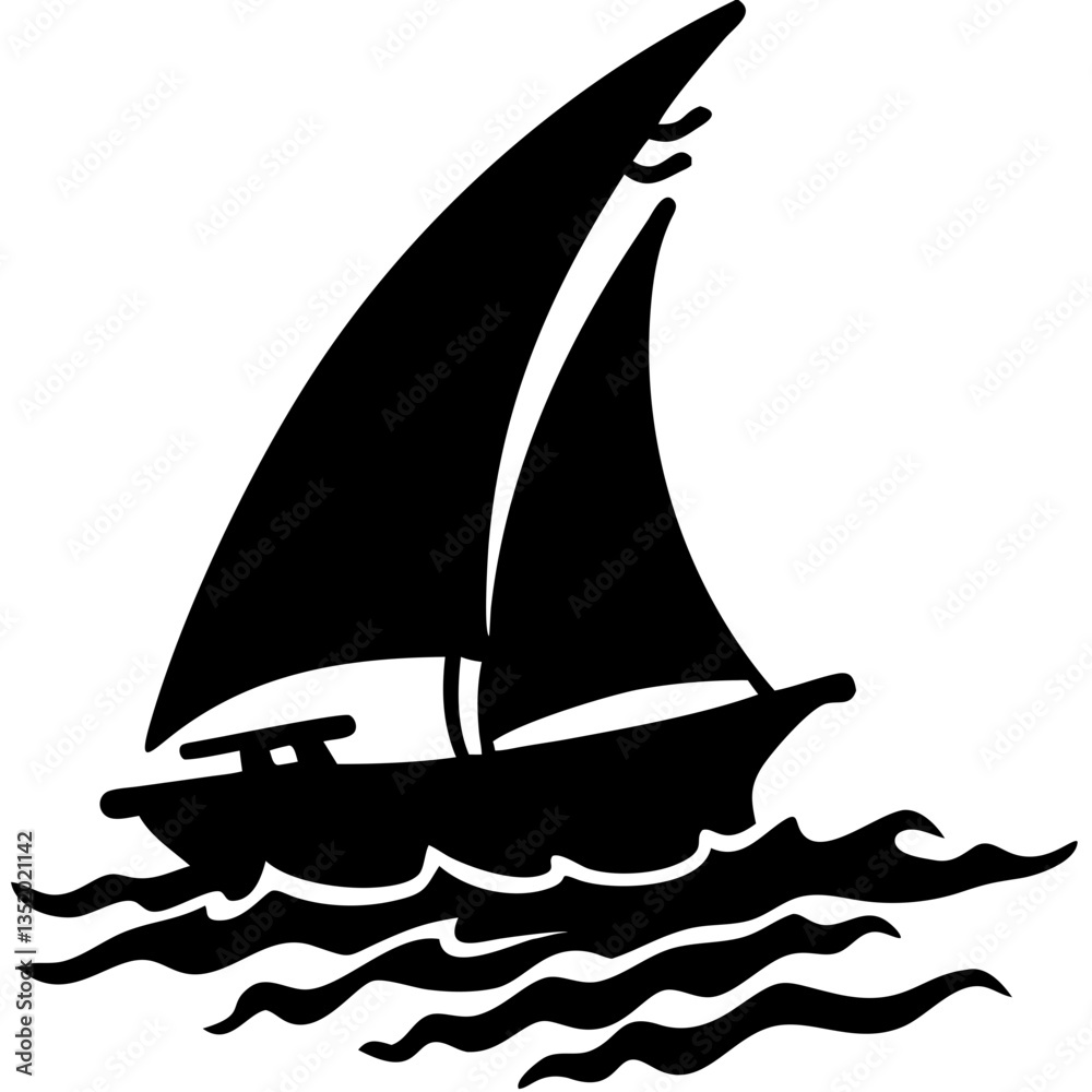Sailing Boat Silhouette Vector Illustration on Ocean Waves for Nautical Design Projects Sailing Boat Silhouette Vector Illustration on Ocean Waves for Nautical Design Projects