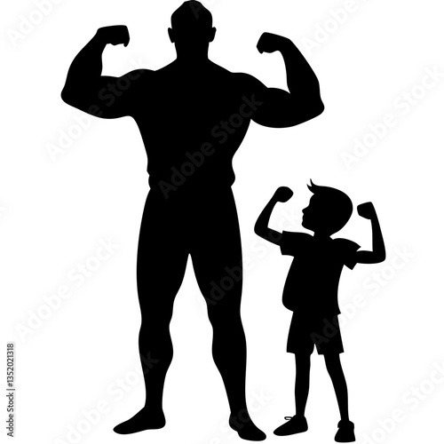Silhouette of Strong Man and Boy Flexing Muscles Inspiring Fitness Motivation