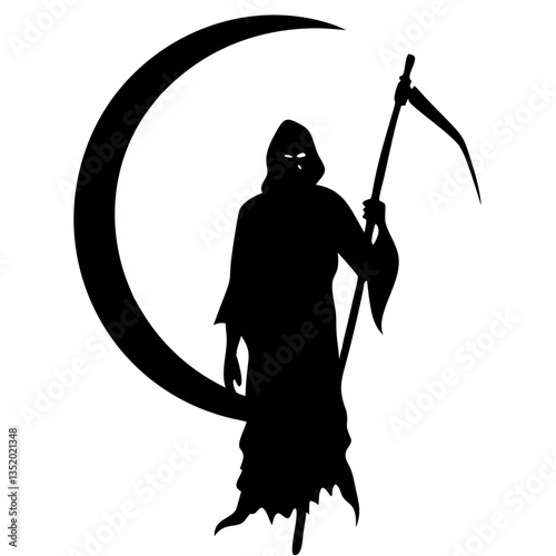 Grim Reaper Silhouette with Scythe and Crescent Moon Vector Art