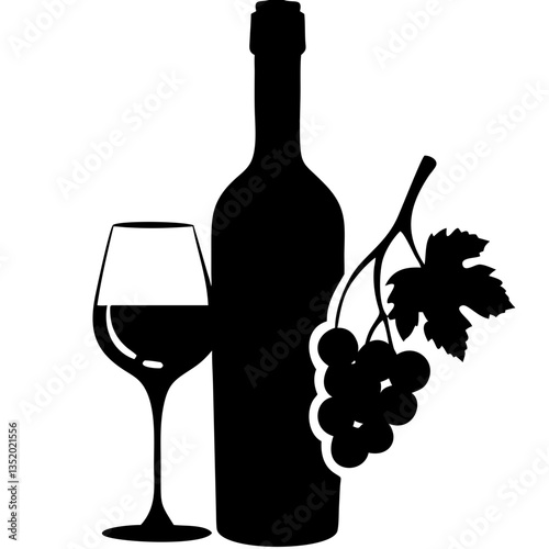 Wine Bottle and Glass with Grapes Vector Perfect for Menus and Wine Tastings