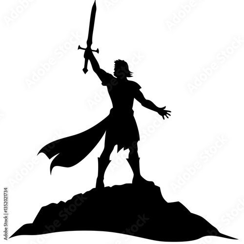 Heroic Knight Silhouette Raising Sword on Cliff Vector Illustration