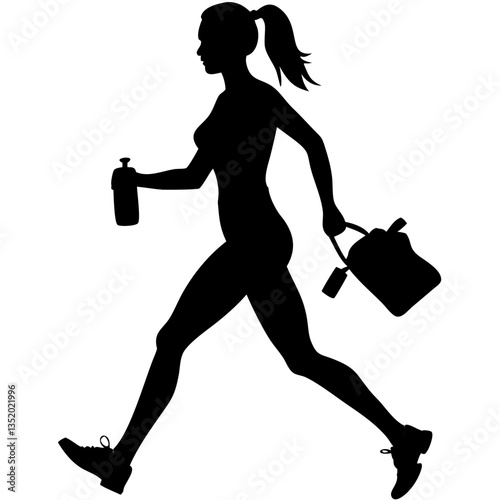 Silhouette Female Jogger Carrying Water Bottle and Bag Vector Illustration
