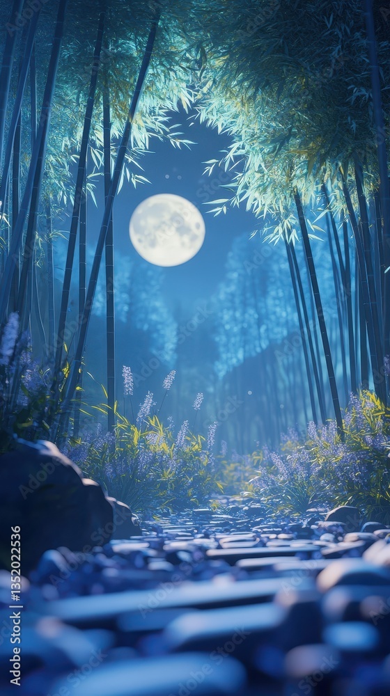 A moonlit path illuminated by soft light through tall bamboo trees