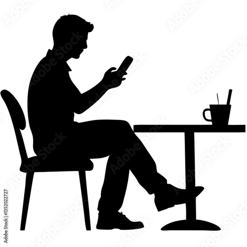 Silhouette of Man Using Smartphone at Cafe Table Relaxed Sitting Vector Art