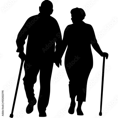 Elderly Couple Silhouette Walking Together with Canes Vector Illustration