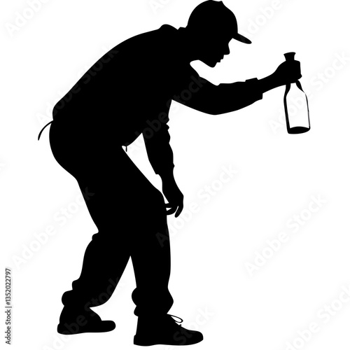 Silhouette of Man Holding Bottle in Crouching Position Vector Art