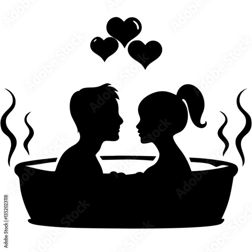 Romantic Couple in Hot Tub Silhouette with Floating Hearts Vector Illustration