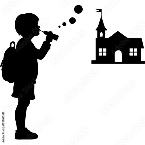 Silhouette Child Blowing Bubbles Near Schoolhouse Vector for Educational Designs