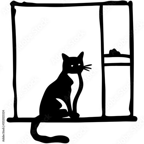 Black Cat Silhouette on Window Sill Vector Art for Home Decor and Crafts