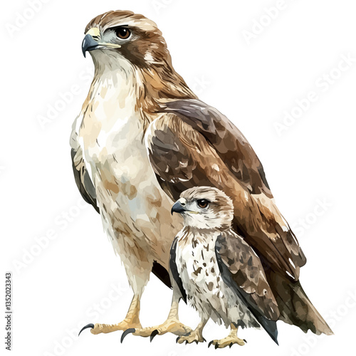 A watercolor vector painting of a mother buzzard with her kid, isolated on a white background.

