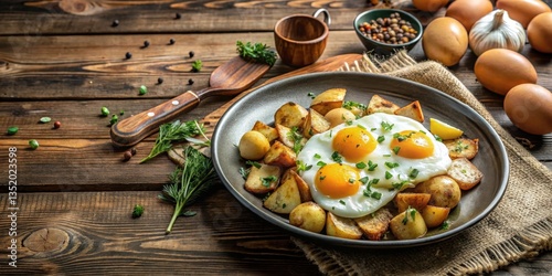 Fluffy white eggs and saut?ed potatoes on a rustic wooden table background, Farmhouse style